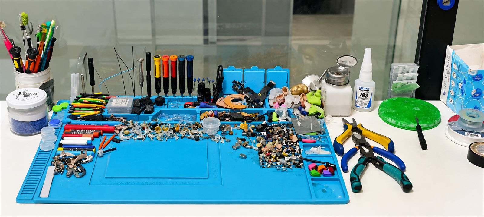 Tapete de trabalho da AudioVic com ferramental de precisão, domes, tubos e filtros de cera organizados
