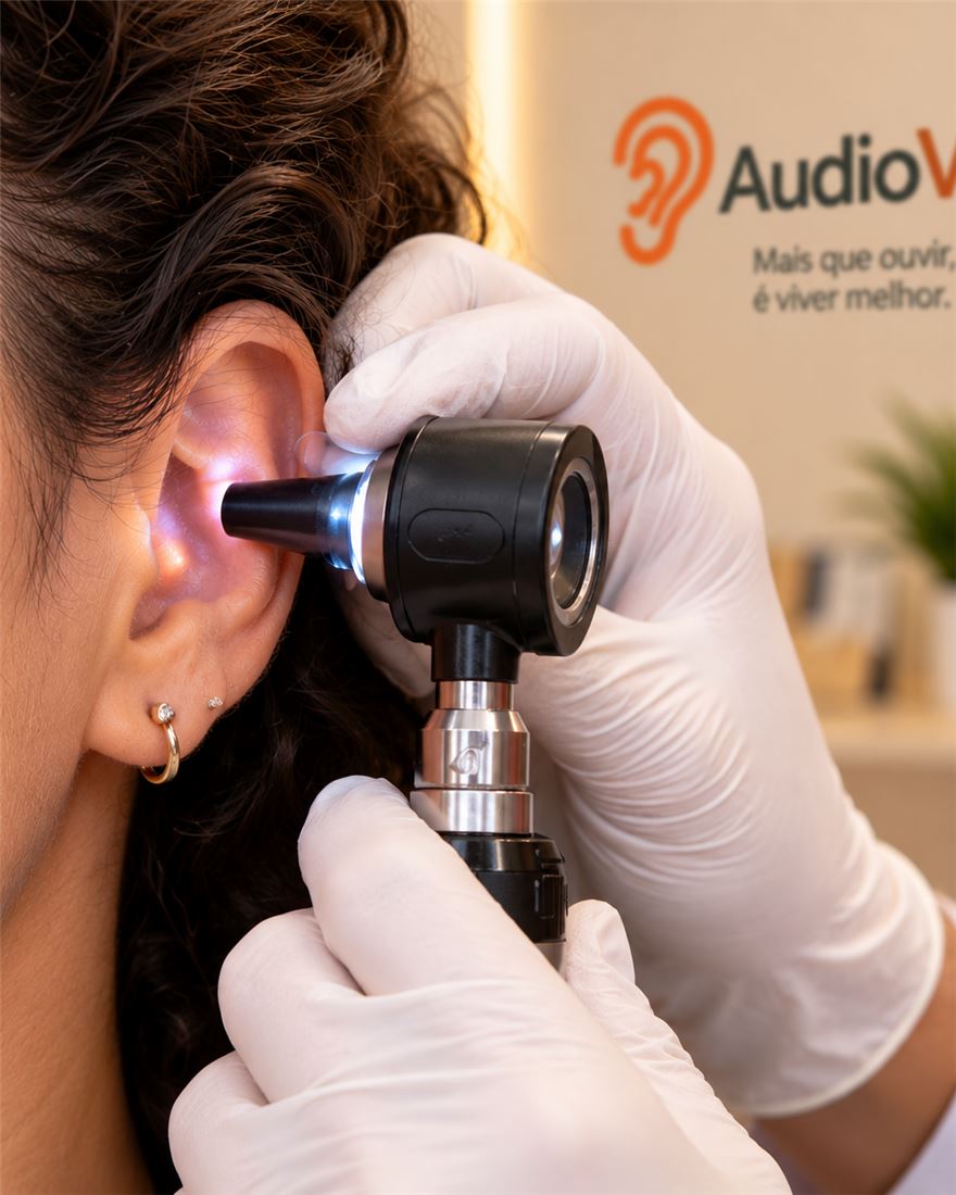 Otoscópio examinando de perto o ouvido de uma pessoa, na loja da AudioVic