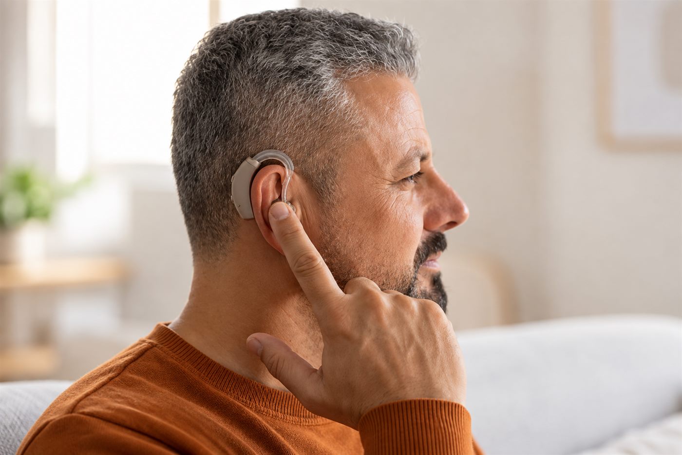 Homem ajustando um aparelho auditivo retroauricular atrás da orelha